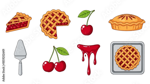 Collection of cherry pie illustrations including whole pies, a slice, fresh cherries, dripping sauce, a pie server, and a pie on a baking sheet.