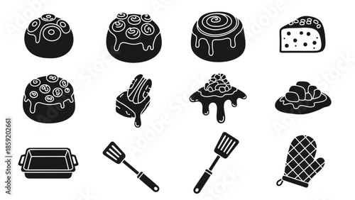 A collection of black silhouette icons depicting various baked goods like cinnamon rolls, cakes, pastries, and baking tools such as spatulas, a baking pan, and an oven mitt.