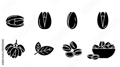 Black silhouette icons depicting various forms of pistachios, including shelled, unshelled, on a branch, and in a bowl, with pistachio leaves.