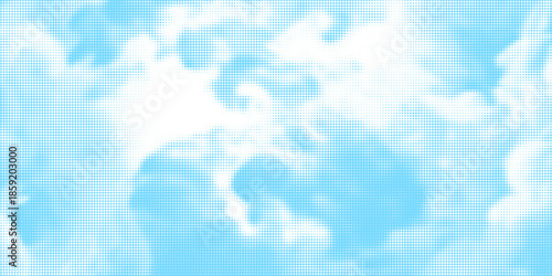 Halftone cloud background. White dotted clouds in blue sky. Comic pop art heaven wallpaper for banner, brochure, collage, poster, leaflet. Rasterized smoke, smog or fog texture. Vector illustration