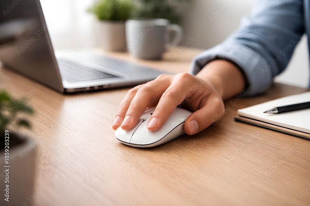 Fototapeta premium Person's hand using a computer mouse on a wooden desk, with laptop and notebook nearby