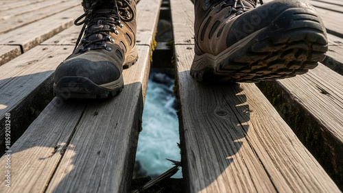Close-up of hiking boots stepping across a wooden suspension bridge with rushing water visible through the gaps, capturing a familys adventurous journey