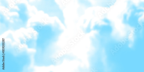 Halftone cloud background. White dotted clouds in blue sky. Comic pop art heaven wallpaper for banner, brochure, collage, poster, leaflet. Rasterized smoke, smog or fog texture. Vector illustration