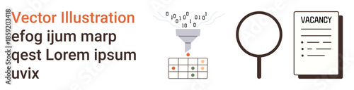 Data analysis, recruitment, job search, filtering process, hiring, employment. Funnel with binary digits, magnifying glass and resume. Data analysis and recruitment concepts