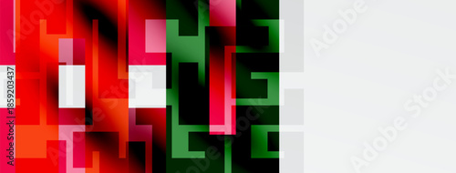 Abstract geometric shapes, vibrant reds, greens, whites create dynamic composition. Modern design, bold colors dominate left side.