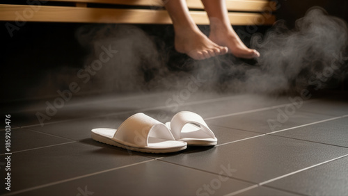 Relaxing feet hovering over a sauna bench with steam rising, white slippers on tiled floor, warm and inviting atmosphere