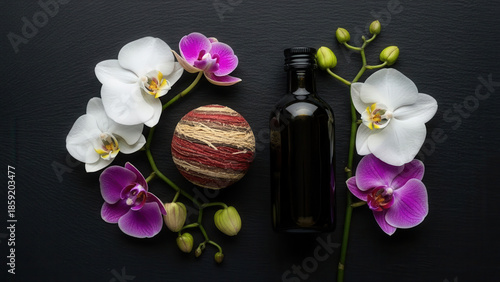 Massage therapist holding herbal compress balls surrounded by elegant orchids and essential oil bottle on dark background