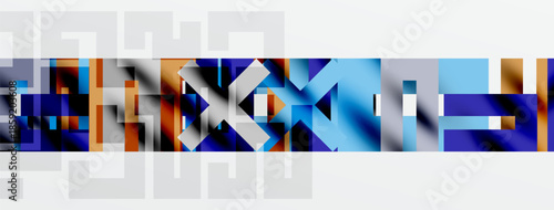 Abstract geometric shapes, blue, orange hues dominate. Pixelated texture creates modern digital art impression. Minimalist composition.