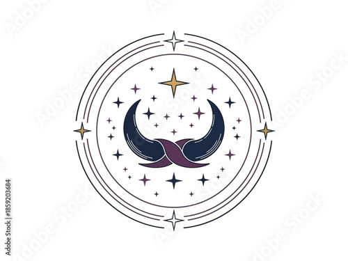 Mystical Taurus Symbol with Crescent Horns and Stars.