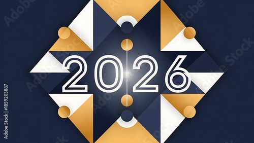 Abstract Geometric Design with Year 2026 in Gold, White, and Dark Blue Colors image photo