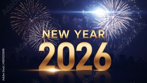 New Year 2026 with Golden Numerals and Fireworks Over City Skyline at Night text