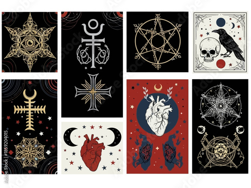 A mystical collection of occult symbols for witchcraft and esoteric practices.