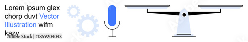 Technology, communication, decision-making, justice, innovation, balance. Microphone symbol next to scales and gear icons. Communication and decision-making in the context of technology