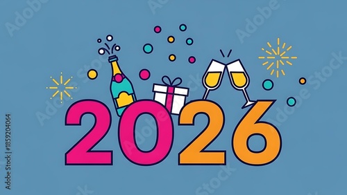 2026 New Year Celebration with Champagne Bottle Gift and Fireworks on Blue Background image photo