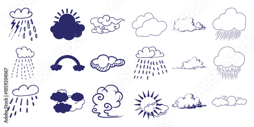 Collection of hand drawn weather including sun clouds rain and lightning doodle