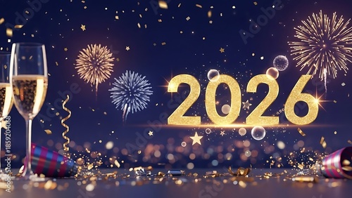 New Year 2026 celebration with champagne, fireworks, and confetti on a dark blue background happy new year