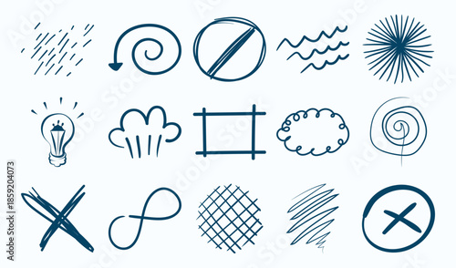 Collection of hand drawn dark blue and symbols white including a lightbulb and various shapes