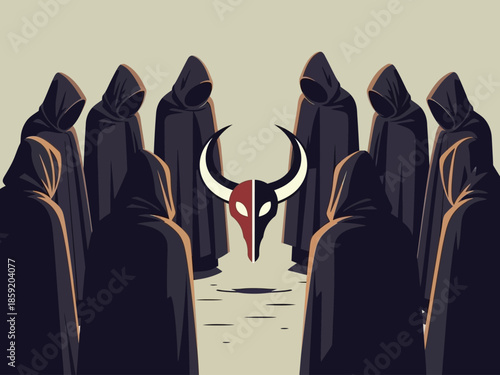 Mysterious hooded figures gather around a bull skull symbol.