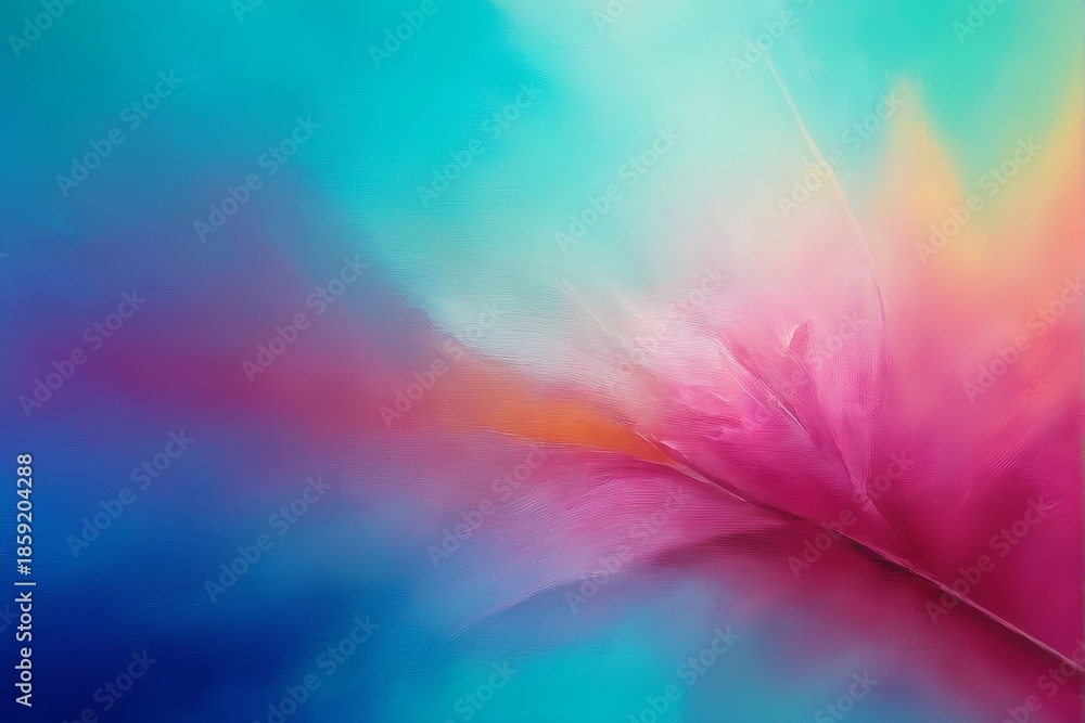 Fototapeta premium Two delicate white and yellow frangipani flowers stand against a vibrant, dreamy background of swirling teal, pink, orange, and purple hues evoking a tropical, artistic atmosphere.