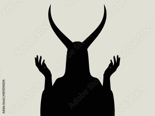 Black silhouette of a mysterious horned figure with raised hands.