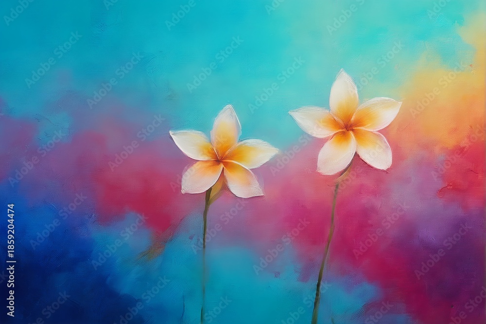 Fototapeta premium Two delicate white and yellow frangipani flowers stand against a vibrant, dreamy background of swirling teal, pink, orange, and purple hues evoking a tropical, artistic atmosphere.