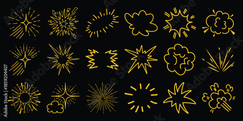 Collection of yellow hand drawn explosion and starburst comic style black