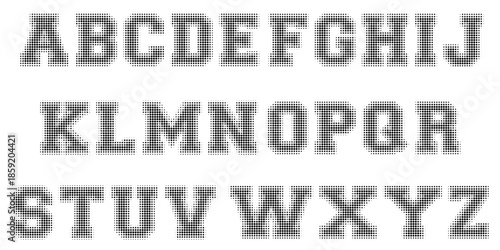 Black halftone alphabet. Retro pixelated font design. Grunge textured dotted abc. Comic pop art style letters. Rasterized bitmap English alphabet. Old newspapers typography set. Vector