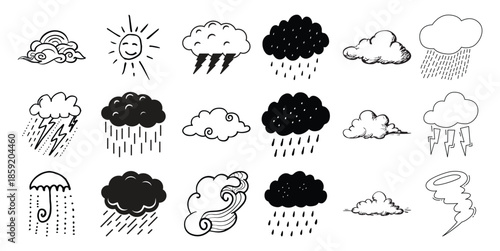 Hand drawn weather including sun rain lightning clouds and tornado