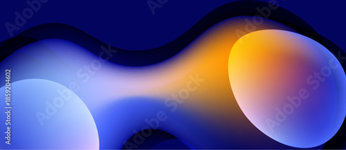 Abstract fluid shapes blend, creating vibrant blue, orange gradients. Smooth curves suggest movement, depth within dark background.