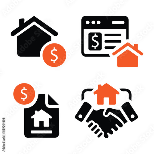 House for sale and home for rent icons. Buy property, online listing and lease agreement vector symbols.