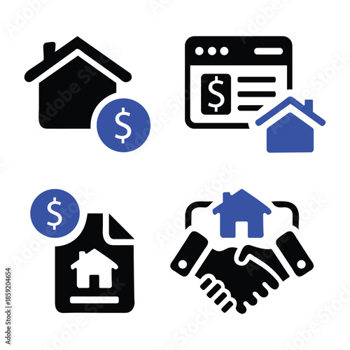 House for sale and home for rent icons. Buy property, online listing and lease agreement vector symbols.