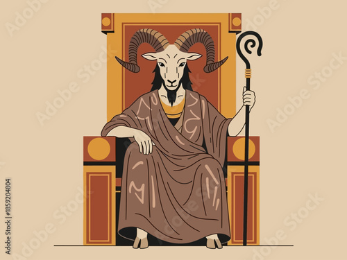 Mythological Ram Headed Man Sitting On Throne Holding Staff.