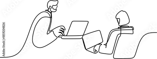 One line drawing of coworkers with laptops, office colleagues working together minimalist continuous line art vector illustration