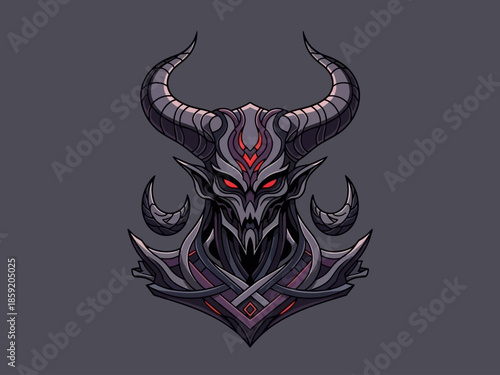 Dark Demon Head with Glowing Red Eyes and Intricate Horns.