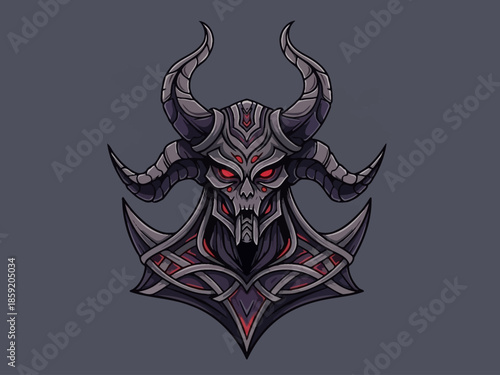 Fearsome demonic skull warrior with glowing red eyes and large horns.