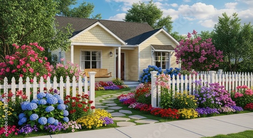 A yellow house with a white picket fence and a colorful flower garden