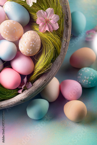 Chocolate painted mini Easter eggs in straw or whicker basket against a turpuoise background