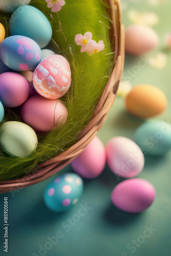Chocolate painted mini Easter eggs in straw or whicker basket against a turquoise background