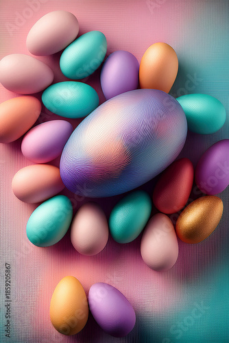 Pile of colourful painted easter eggs in pastel colours with a large pink egg in the middle. It is against a pink & blue background.