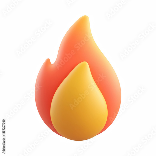 3D cute cartoon fire flame icon in red and yellow, glossy smooth rounded shape, isolated on transparent background.