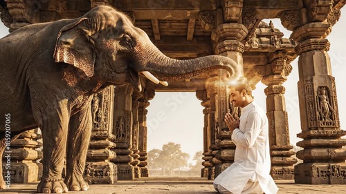 Man Kneeling Before Ancient Stone Temple Ruins With Elephant Offering Blessing Sunlight Glinting On Forehead Spiritual Connection And Reverence In Golden Hour Light