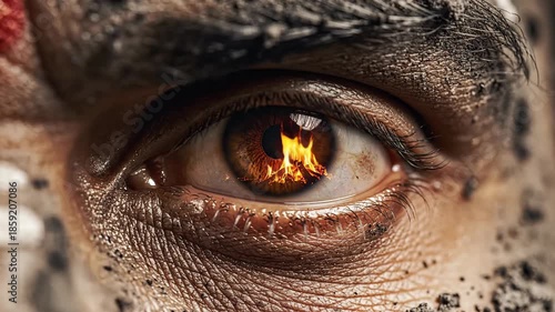 Intense Close Up Of A Human Eye Reflecting A Fiery Blaze With Distressed Textured Skin Under Dramatic Lighting And Smoke Elements