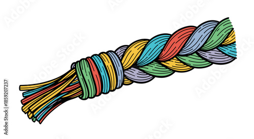 Colorful twisted cord end intricately braided and isolated against a white background, showcasing vibrant strands in a detailed and artistic illustration