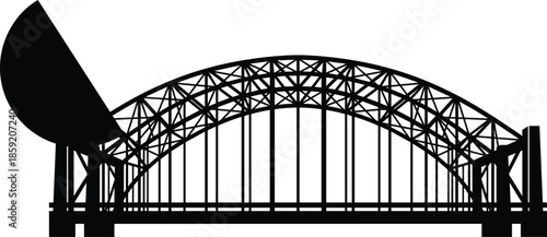 Steel arch bridge silhouette with iconic truss structure, black vector illustration for architecture, infrastructure, transportation, and engineering design