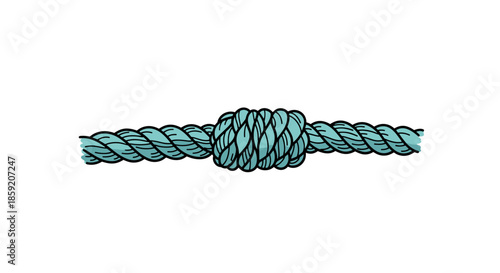 Twisted cord with knotted end isolated against a white background, featuring intricate teal rope design and detailed texture