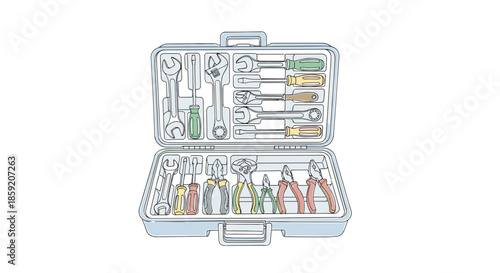 Open toolbox with organized tray of assorted tools, isolated against a clean white background, featuring wrenches, pliers, and screwdrivers in detailed illustration