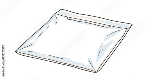 Illustration of a poly mailer bag isolated on a white background, showcasing its sleek design and transparent material with a minimalistic style