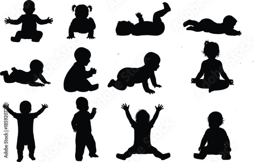 baby, infant, toddler, newborn, silhouette, child, kid, vector, collection, character, set, person, human, childhood, little,