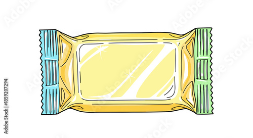 Glossy soap wrapper with vibrant yellow and blue accents, isolated against a pristine white background, showcasing elegant packaging design