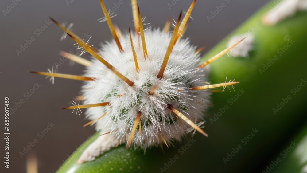 Obraz premium Intricate macro detail of a cactus areole with soft white fuzz and golden spines on a vibrant